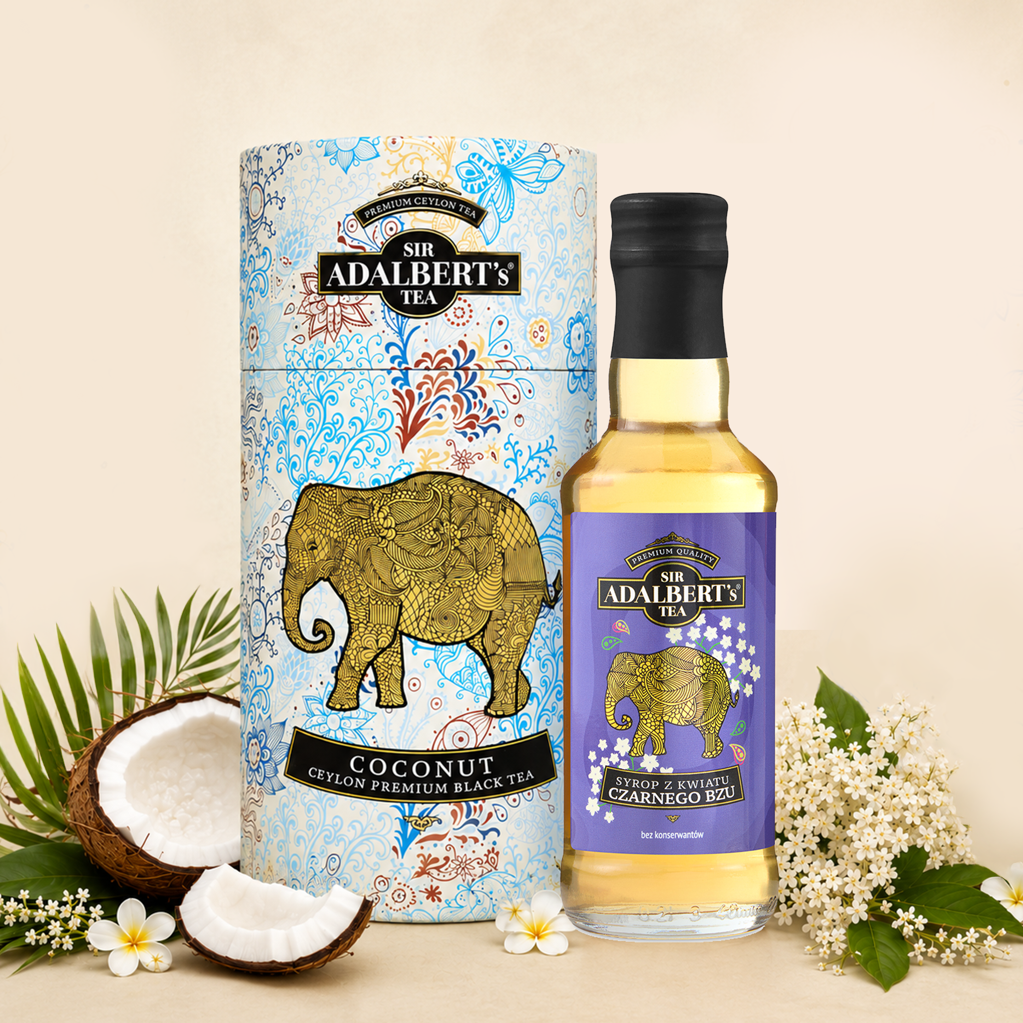 Zestaw Adalbert's Tea - Herbata Coconut + Syrop z kwiatu czarnego bzu