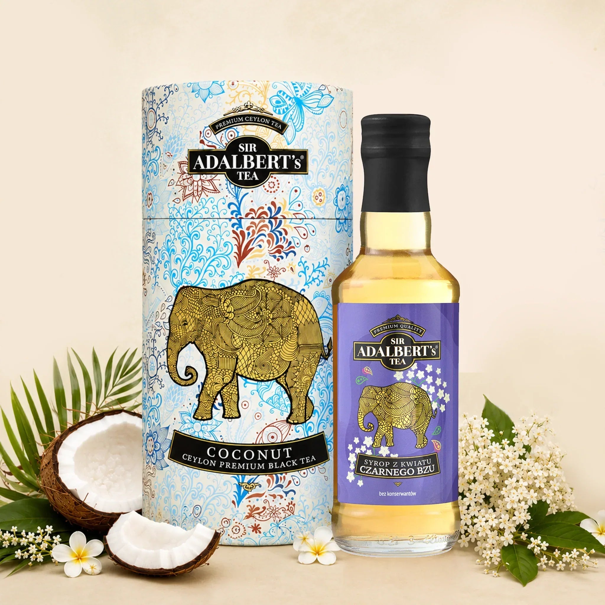 Zestaw Adalbert's Tea - Herbata Coconut + Syrop z kwiatu czarnego bzu