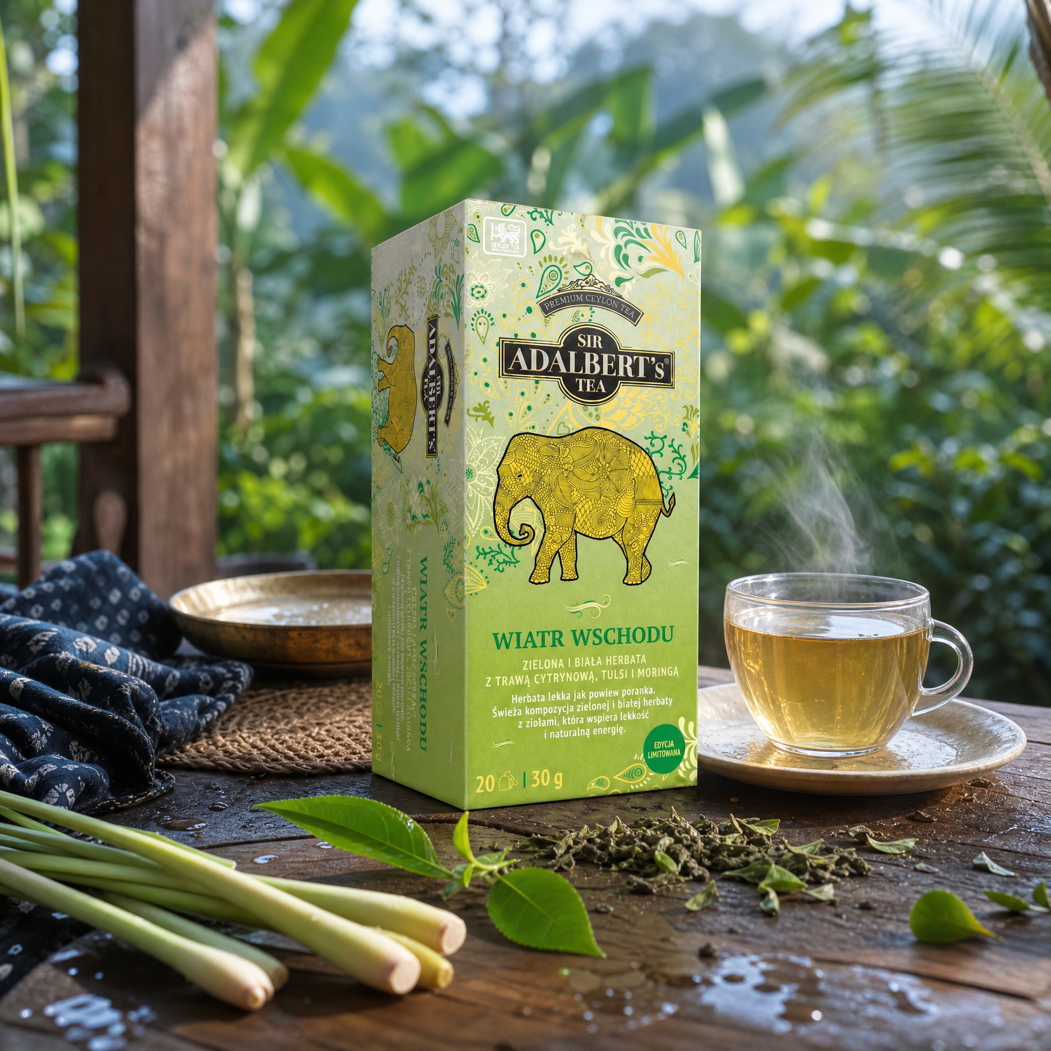 Adalbert's Tea Wiatr Wschodu - zielona i biała herbata z trawą cytrynową, poranek w cejlońskiej zieleni