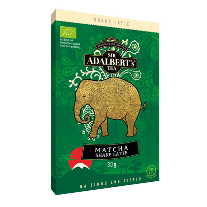 Opakowanie herbaty Sir Adalbert's Matcha Shake Latte 30g z zielonym tłem i złotym słoniem