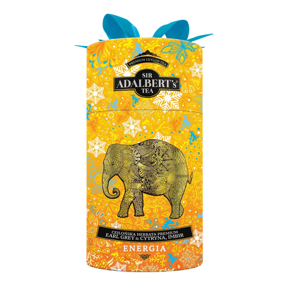 Żółte opakowanie herbaty Sir Adalbert's z ozdobnym słoniem, herbatą Earl Grey z cytryną i imbirem
