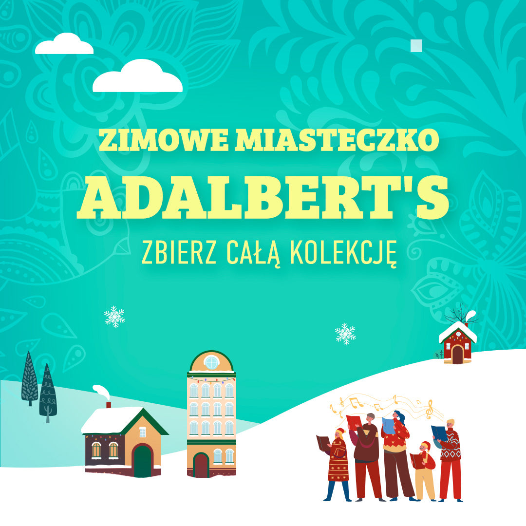 Zimowe miasteczko Adalbert's z domkami i grupą śpiewających osób na śniegu