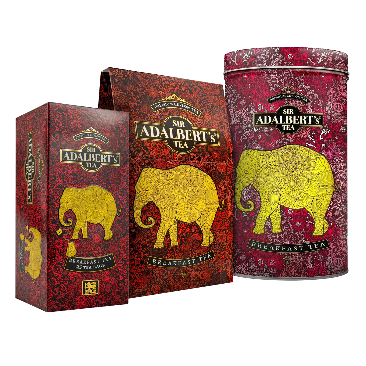 Herbata Sir Adalbert's Tea Breakfast Tea: kartonik saszetek, kartonik herbaty liściastej i puszka