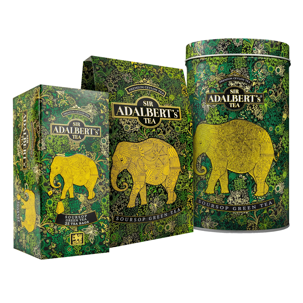 Zielona herbata Sir Adalbert's Tea Soursop Green Tea: kartonik saszetek, kartonik herbaty liściastej i puszka
