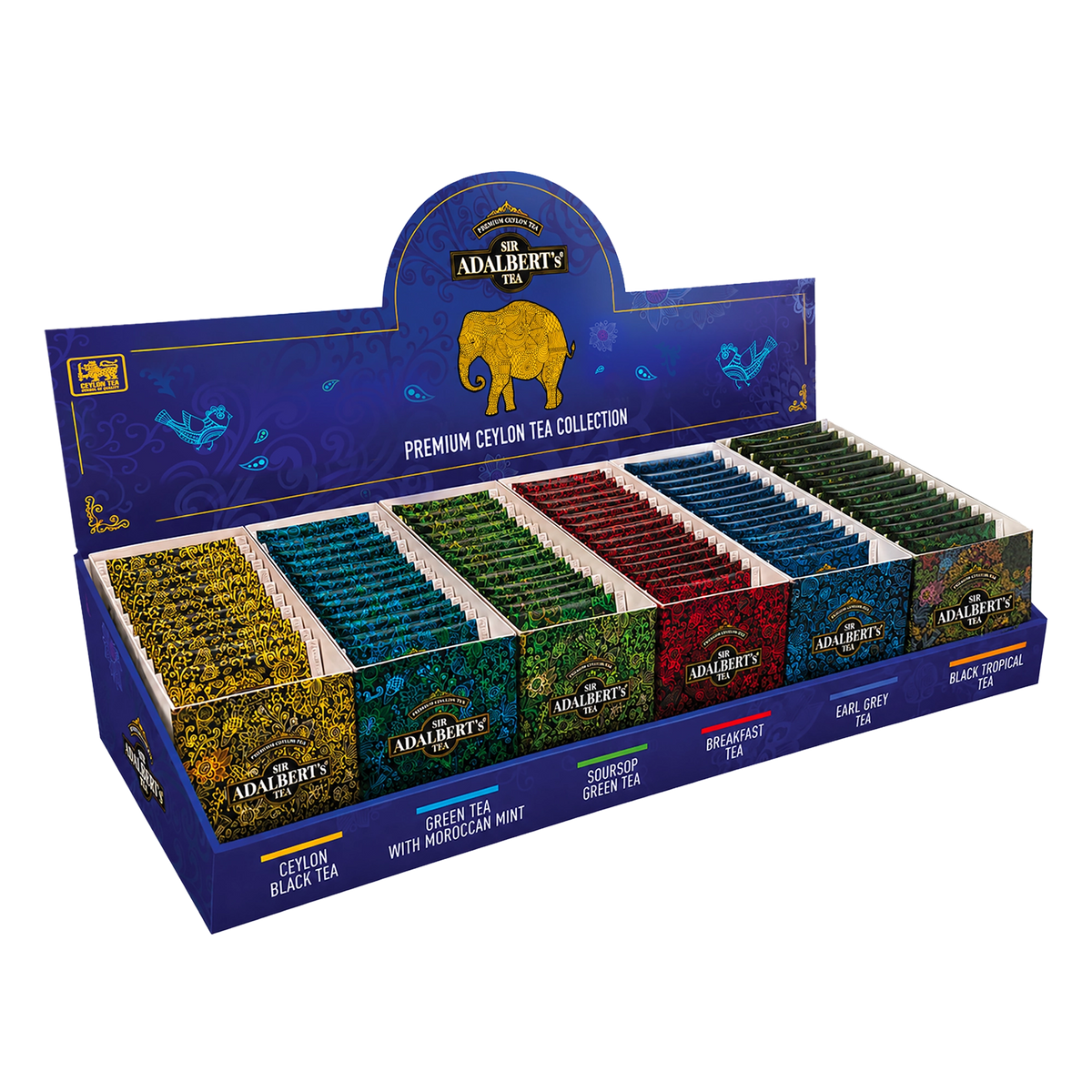 Ekspozytor Premium Ceylon Tea Collection otwarty - 6 smaków herbaty w saszetkach