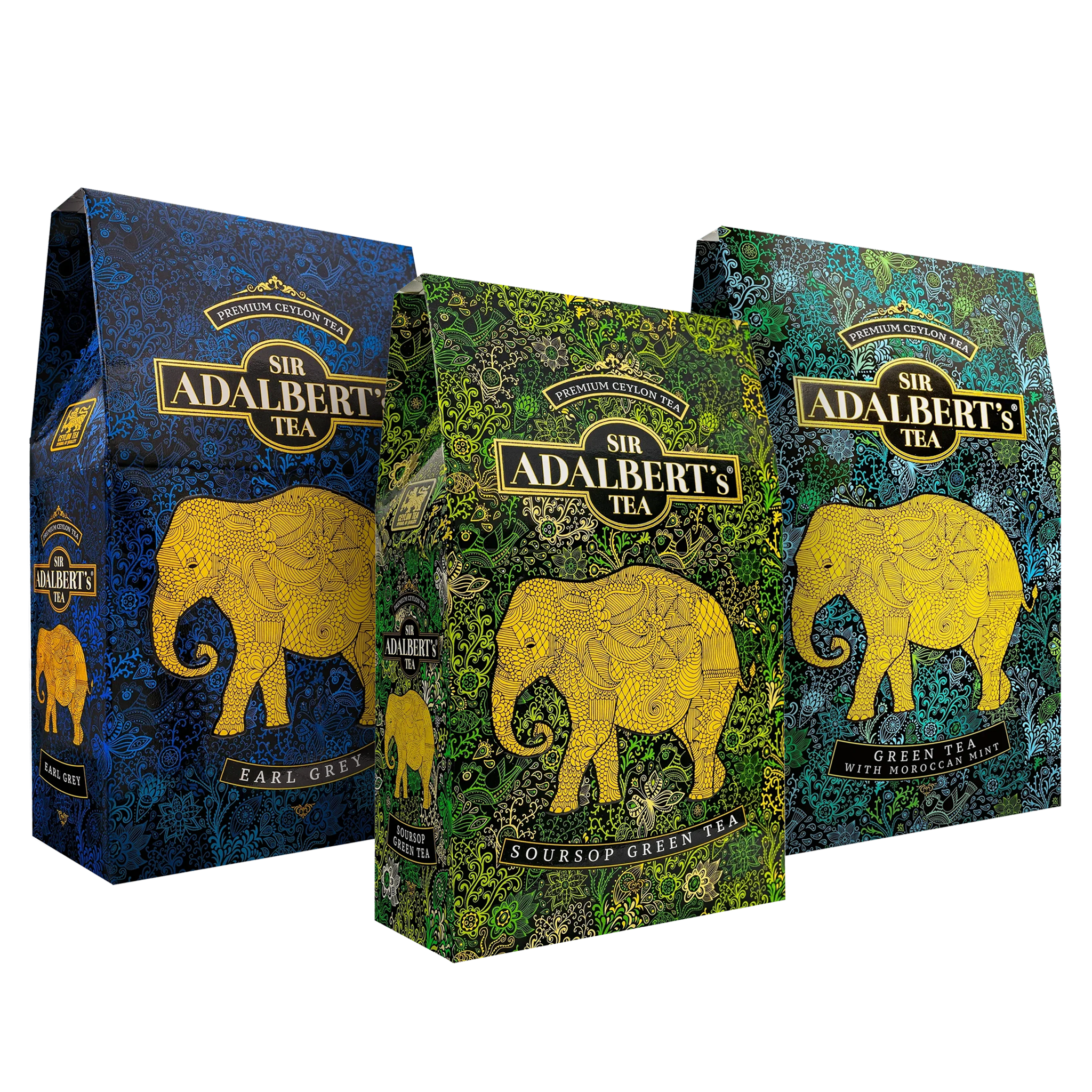 Trzy kartoniki herbat liściastych Sir Adalbert's Tea: Earl Grey, Soursop Green Tea i Green Tea with Moroccan Mint