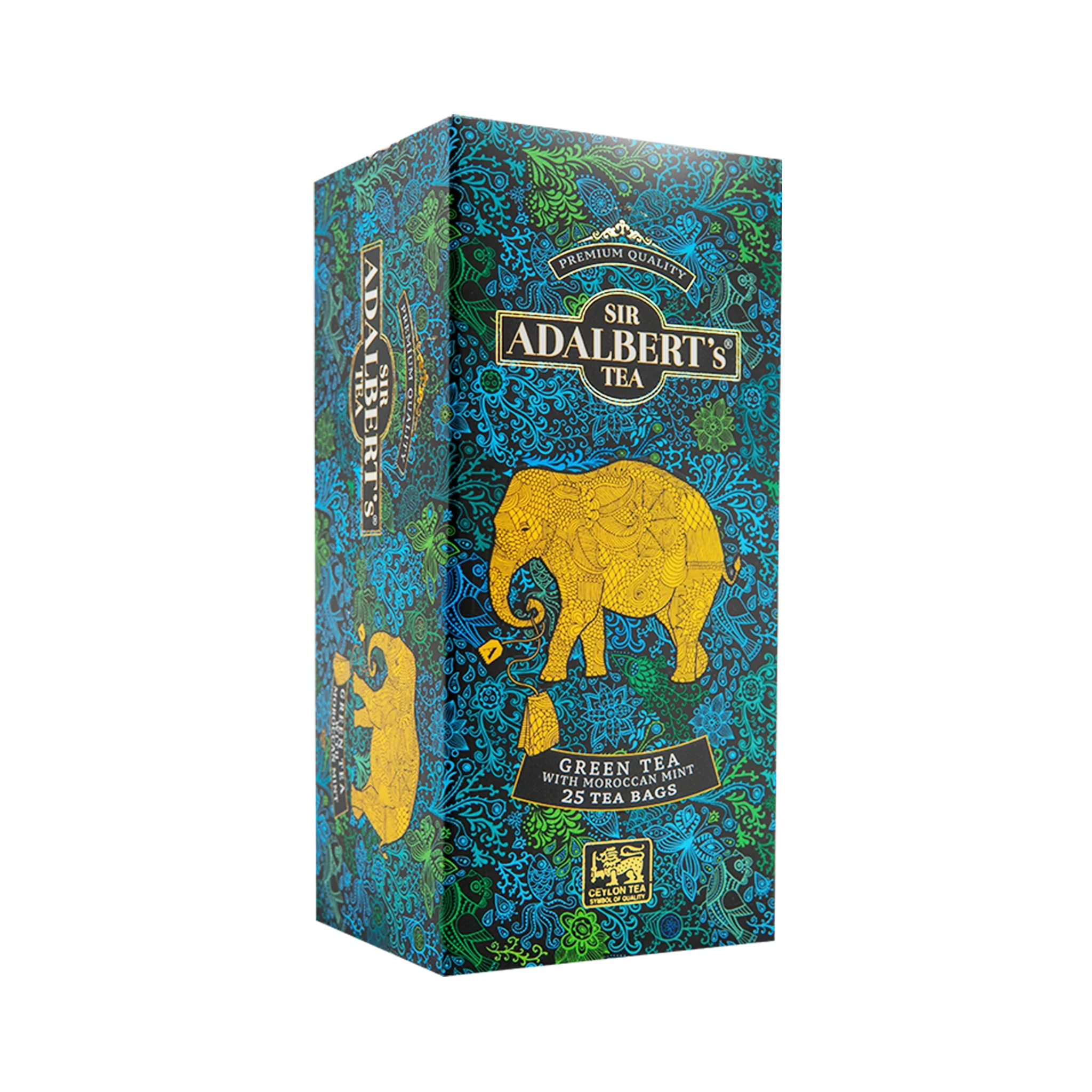 Opakowanie herbaty zielonej Sir Adalbert's z miętą marokańską, 25 saszetek, niebiesko-zielone wzory