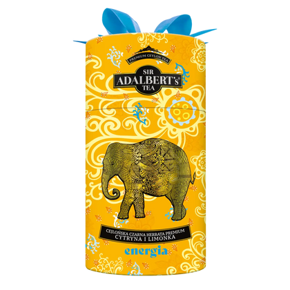 Opakowanie herbaty Sir Adalbert's Tea cytryna i limonka, żółte z ornamentem i złotym słoniem