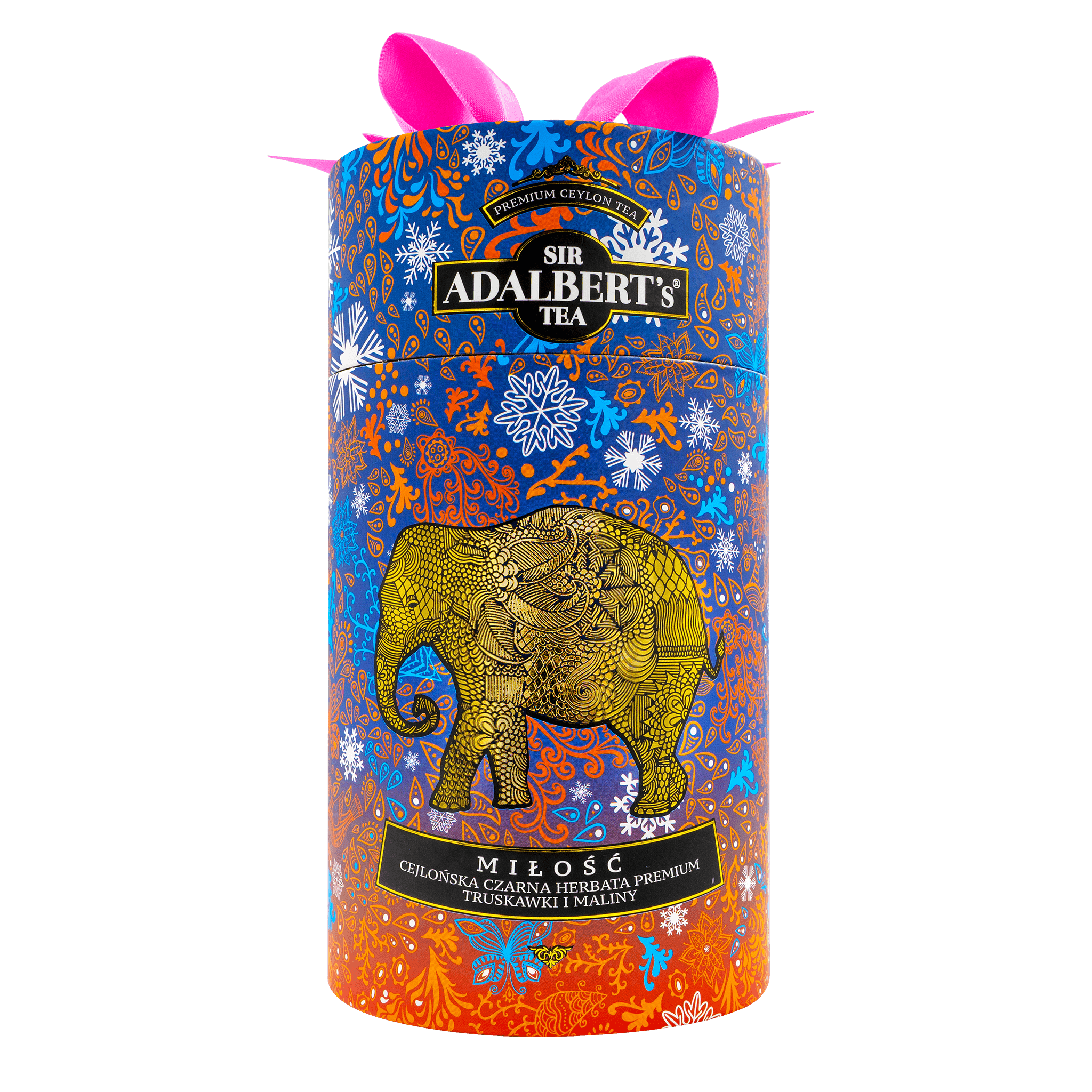 Puszka herbaty Sir Adalbert's Tea Miłość, czarna cejlońska herbata z truskawkami i malinami, zdobiona złotym słoniem