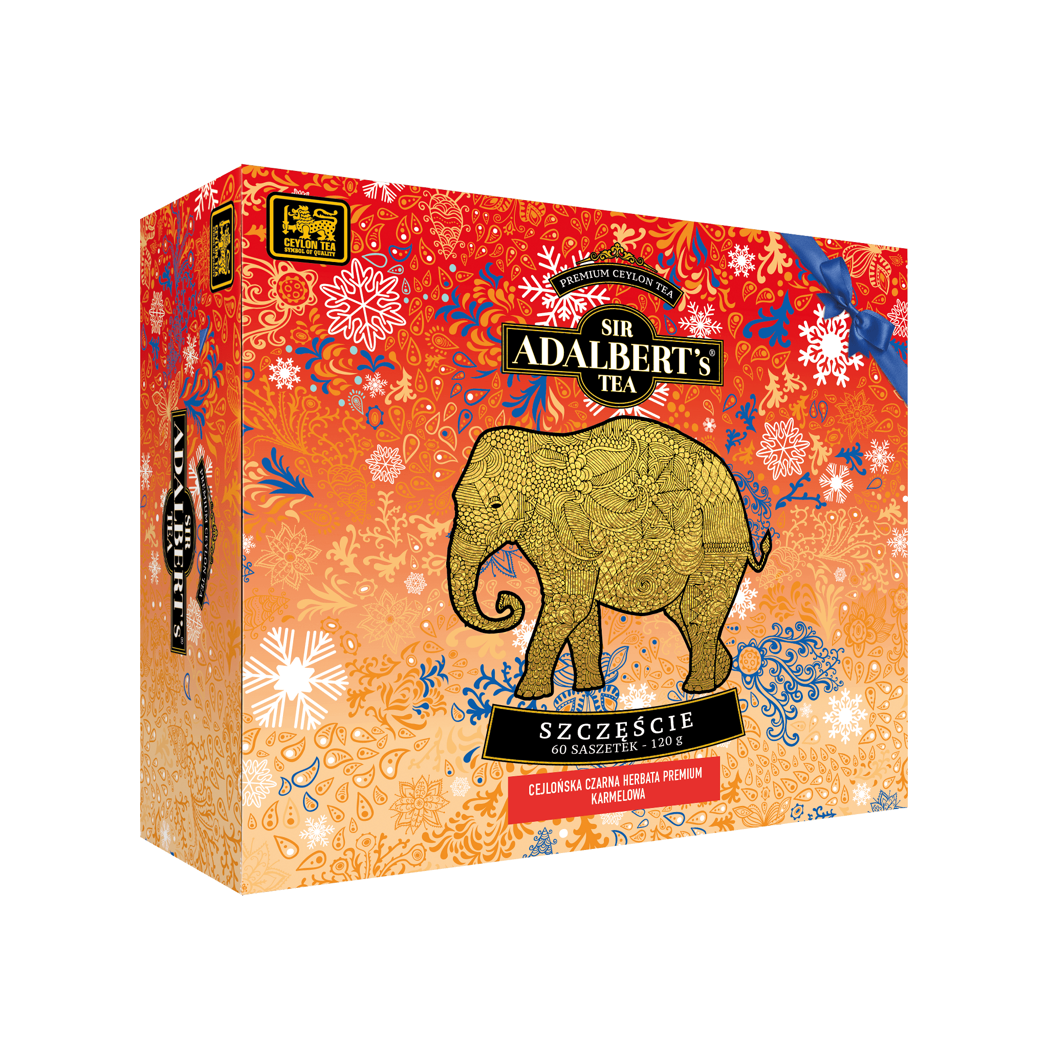 Opakowanie herbaty Sir Adalbert's Tea Szczęście, czarna herbata cejlońska, 60 saszetek, karmelowa, ozdobny słoń