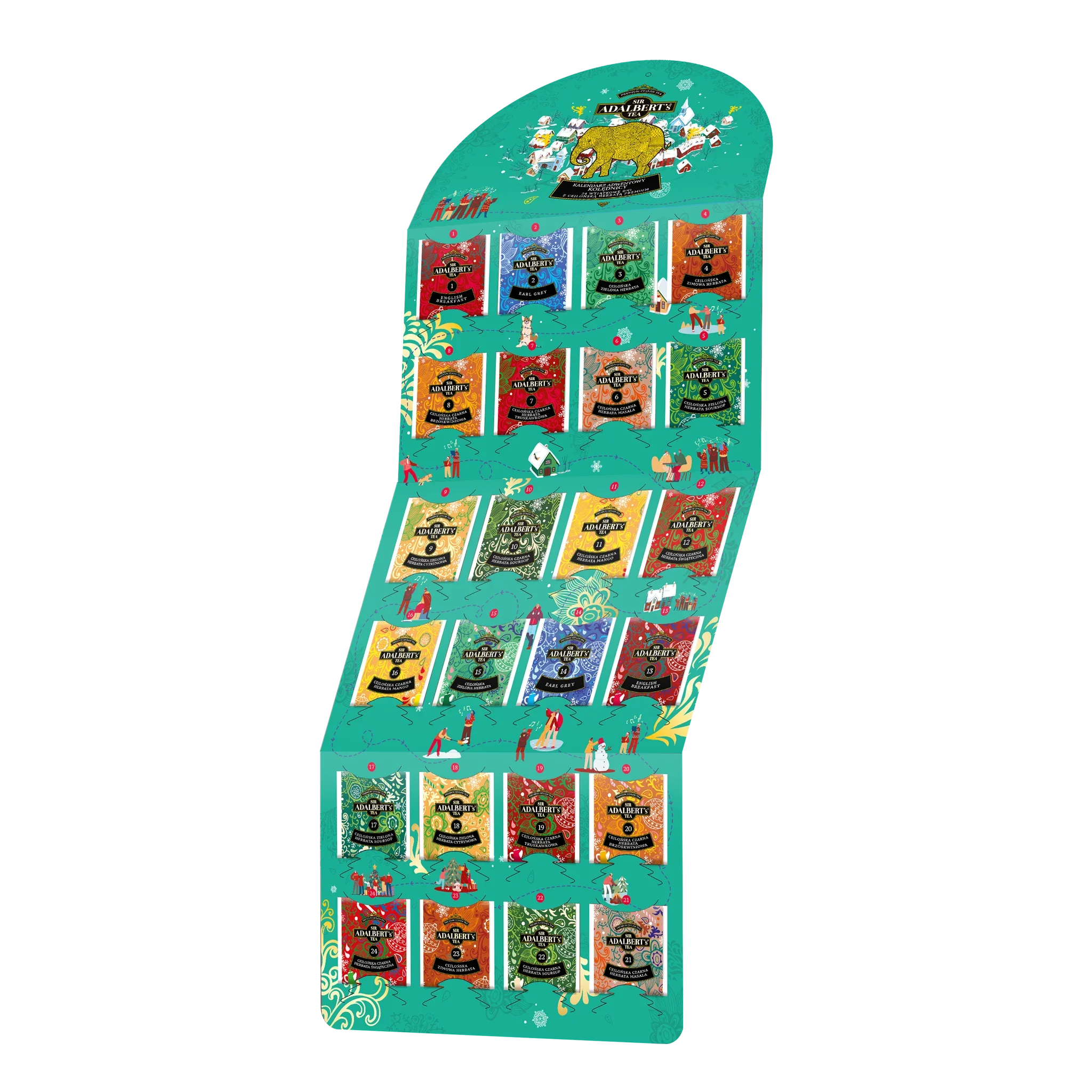 Kalendarz Adwentowy Kolędnicy Zielony - 24 dni z herbatą świąteczną 48g - Sir Adalbert's Tea