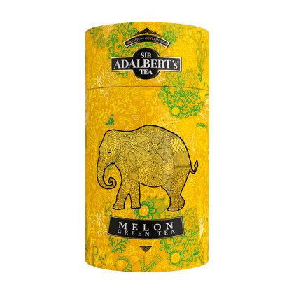 Opakowanie herbaty Sir Adalbert's Melon Green Tea w żółtej puszce z dekoracyjnym wzorem i słoniem