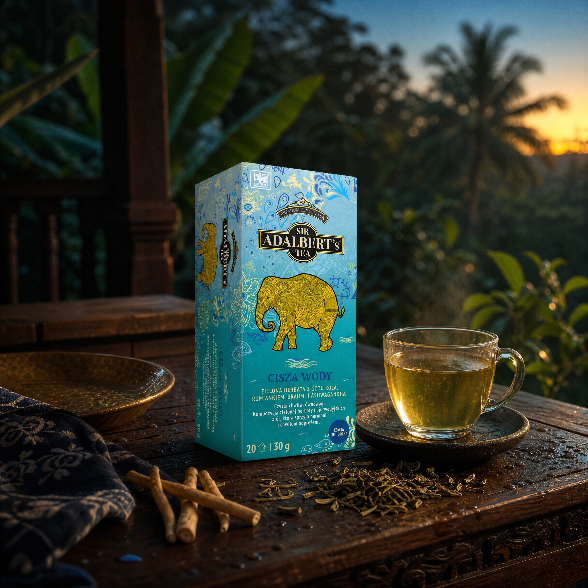 Adalbert's Tea Cisza Wody - zielona herbata z ashwagandhą, wieczorny rytuał na cejlońskim tarasie